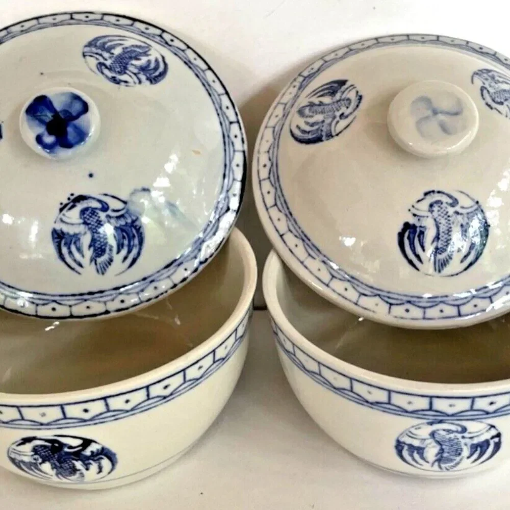 2 Phoenix Heron Rice Bowls w/ Lids Porcelain PRC 4.5